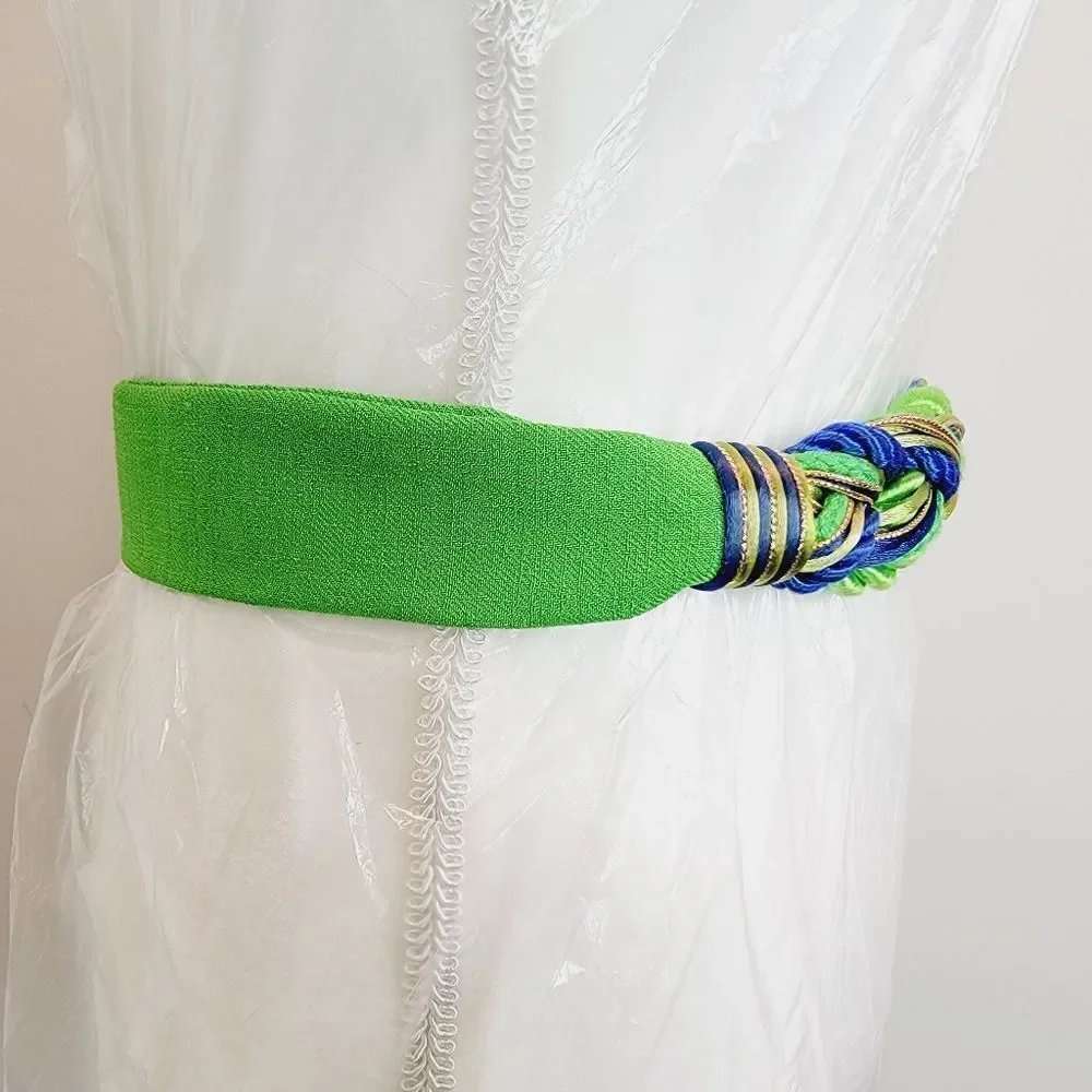 Vintage 80s Style Green Blue Braided Fabric Adjustable Belt 37